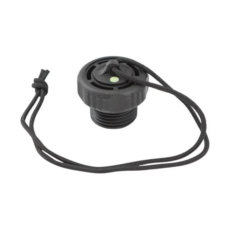 Black XS-Scuba plastic Din plug with safety relief and attached cord for valve thread protection