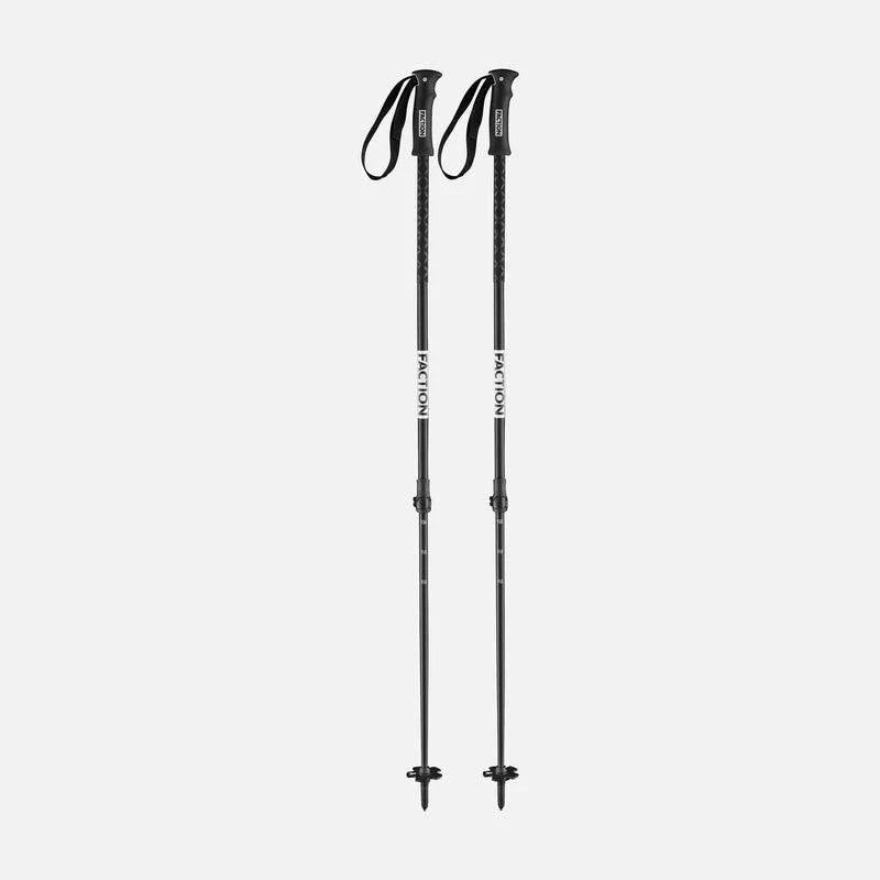 Faction Ski Pole Agent with 2-part 7075 aluminium alloy, interchangeable freeride baskets, and extended foam grip.