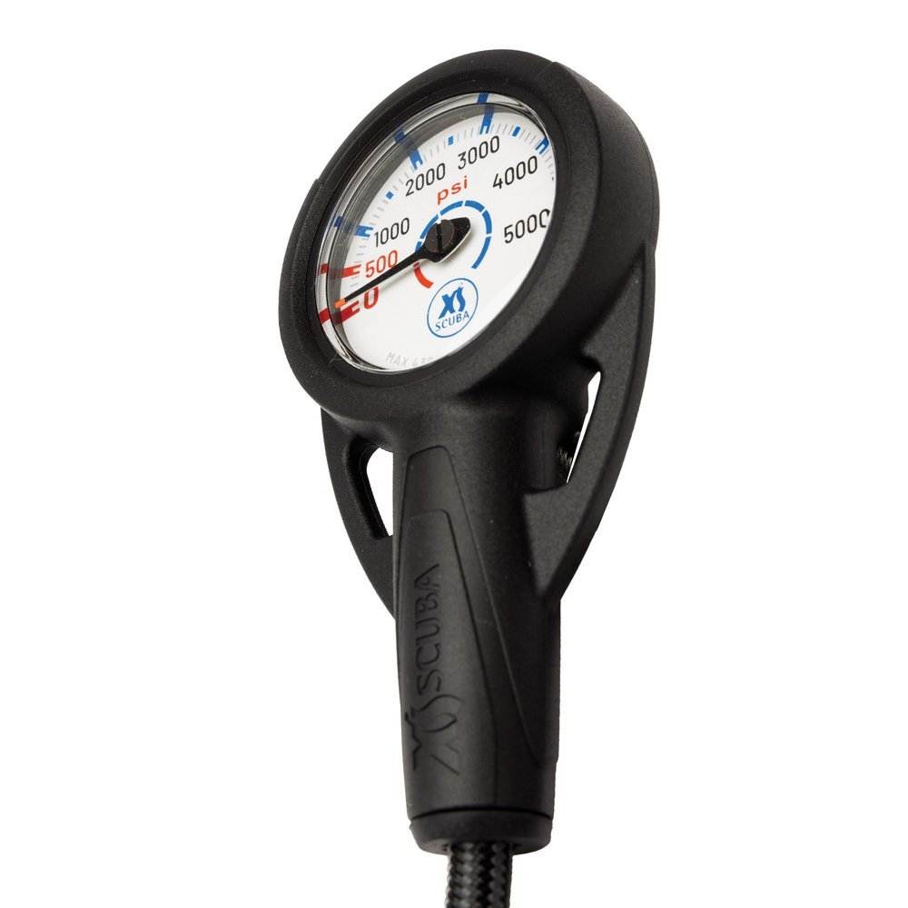 XS Scuba QuikVu Pressure Gauge with ergonomic design and braided HP hose measuring 0-5000 psi for scuba diving.