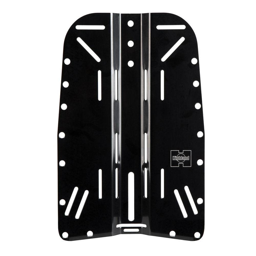 Highland Aluminum Backplate - Black anodized, beveled edges, multiple mounting slots.