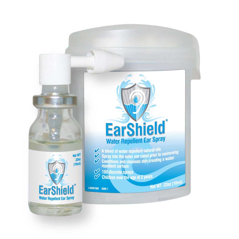 Trident EarShield water repellent ear spray with olive, mineral, and tea tree oils in a water-resistant carrying case