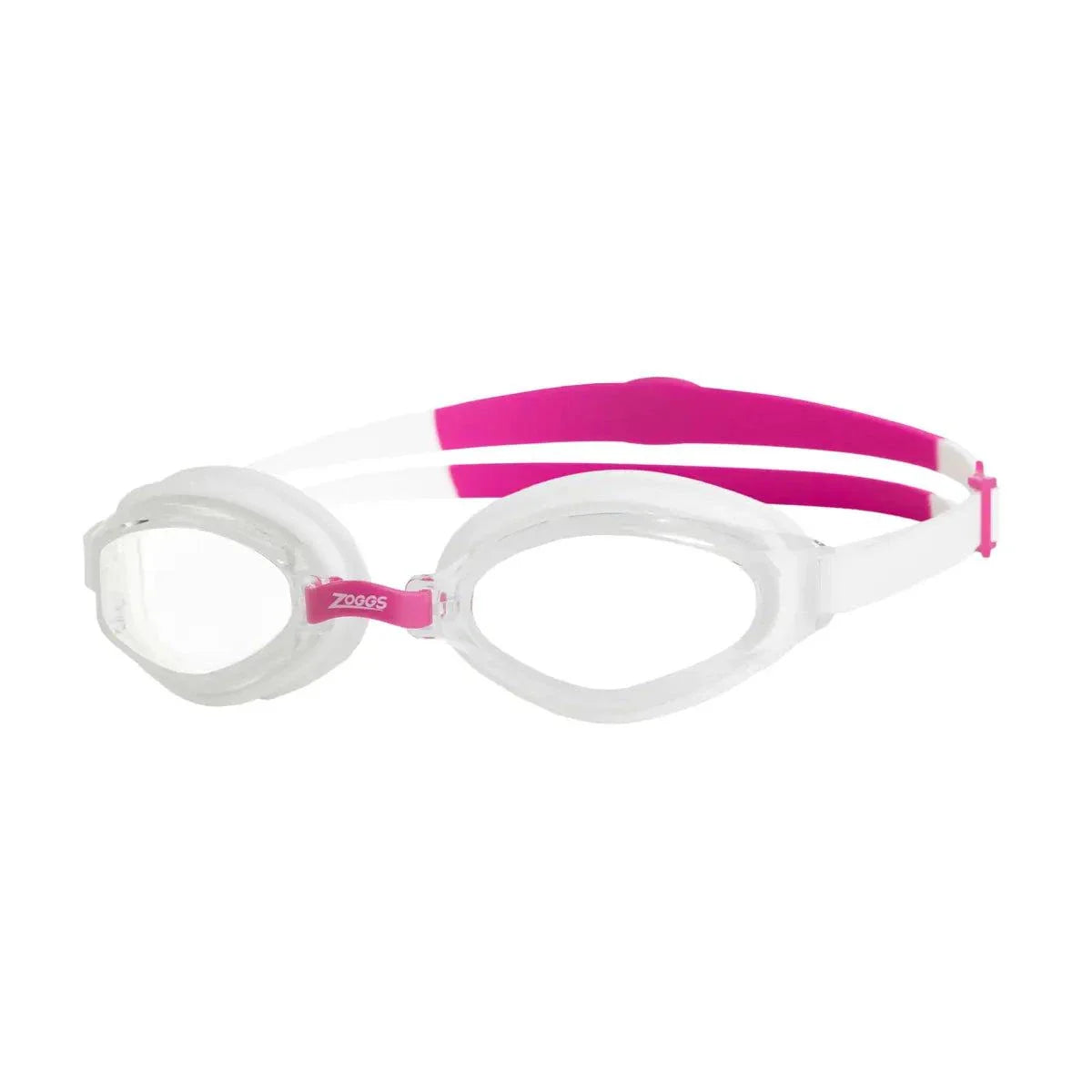 Zoggs Endura Max swimming goggles with clear curved lenses and pink strap for enhanced visibility and comfort