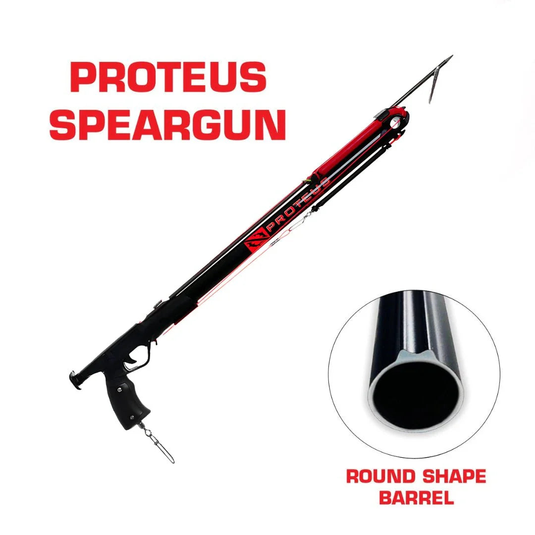 Hammerhead Speargun Proteus compact round barrel speargun with metal coil bands and side safety lock for beginner spearfishers