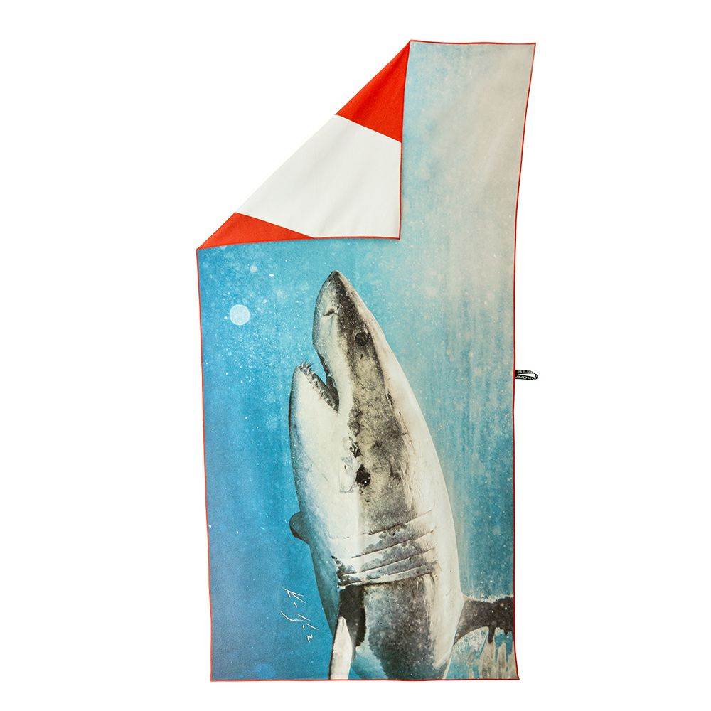 Akona Micro Fiber Towel with shark design, lightweight and quick-drying for travel.