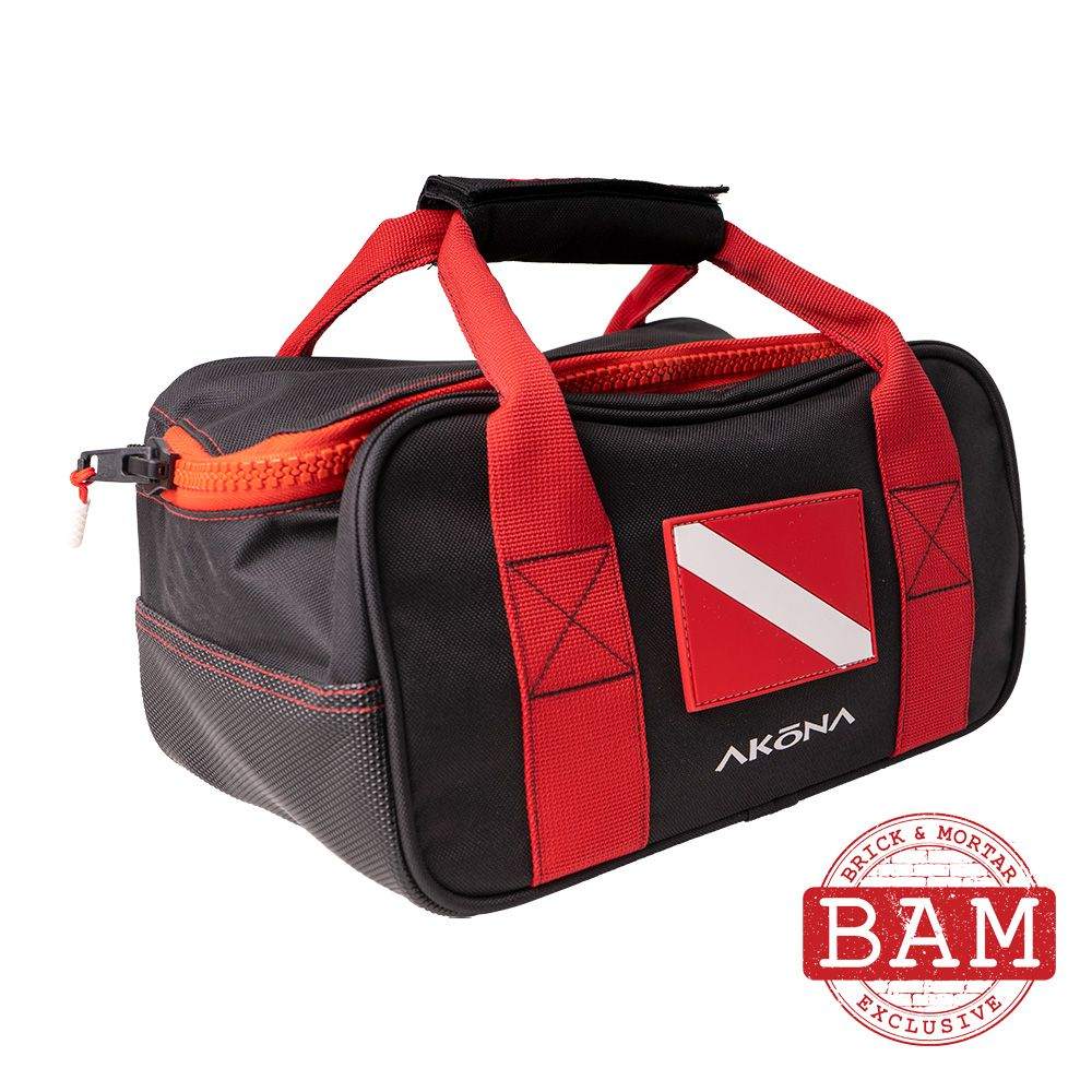 Akona Utility Weight Bag with wrap-around handles, reinforced bottom, and recycled fabric in black and red design.