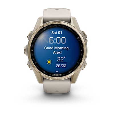 fēnix® 8 – 43 mm, AMOLED — Sapphire, Soft Gold with Fog Gray/Dark Sandstone Silicone Band alternate view
