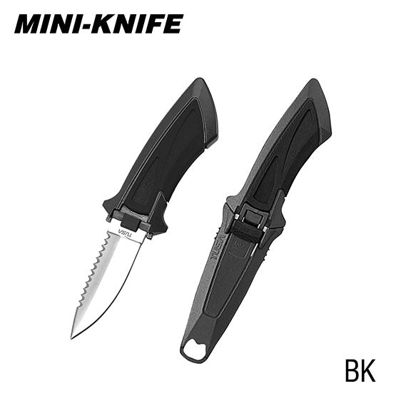 Tusa FK-10 Mini-Knife drop point blade with serrated edge and hose adapter in black, cobalt blue, and flash yellow colors