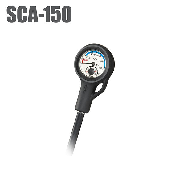 Tusa SCA-150 Pressure Gauge with luminescent dial in black rubber boot for diving pressure and temperature monitoring