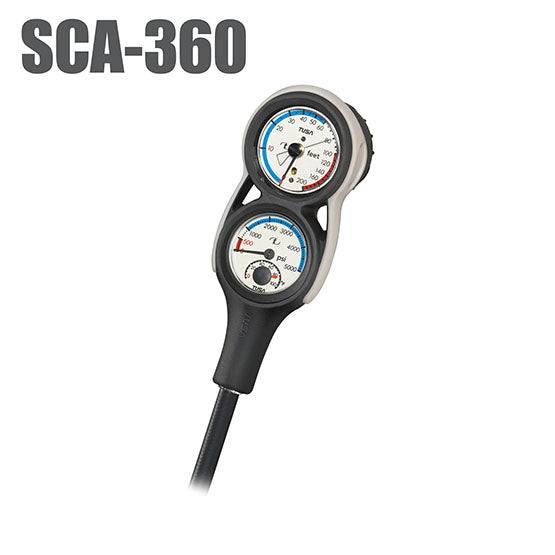 Tusa SCA-360 3 gauge dive console with depth, pressure gauges and compass, black, luminescent dials.