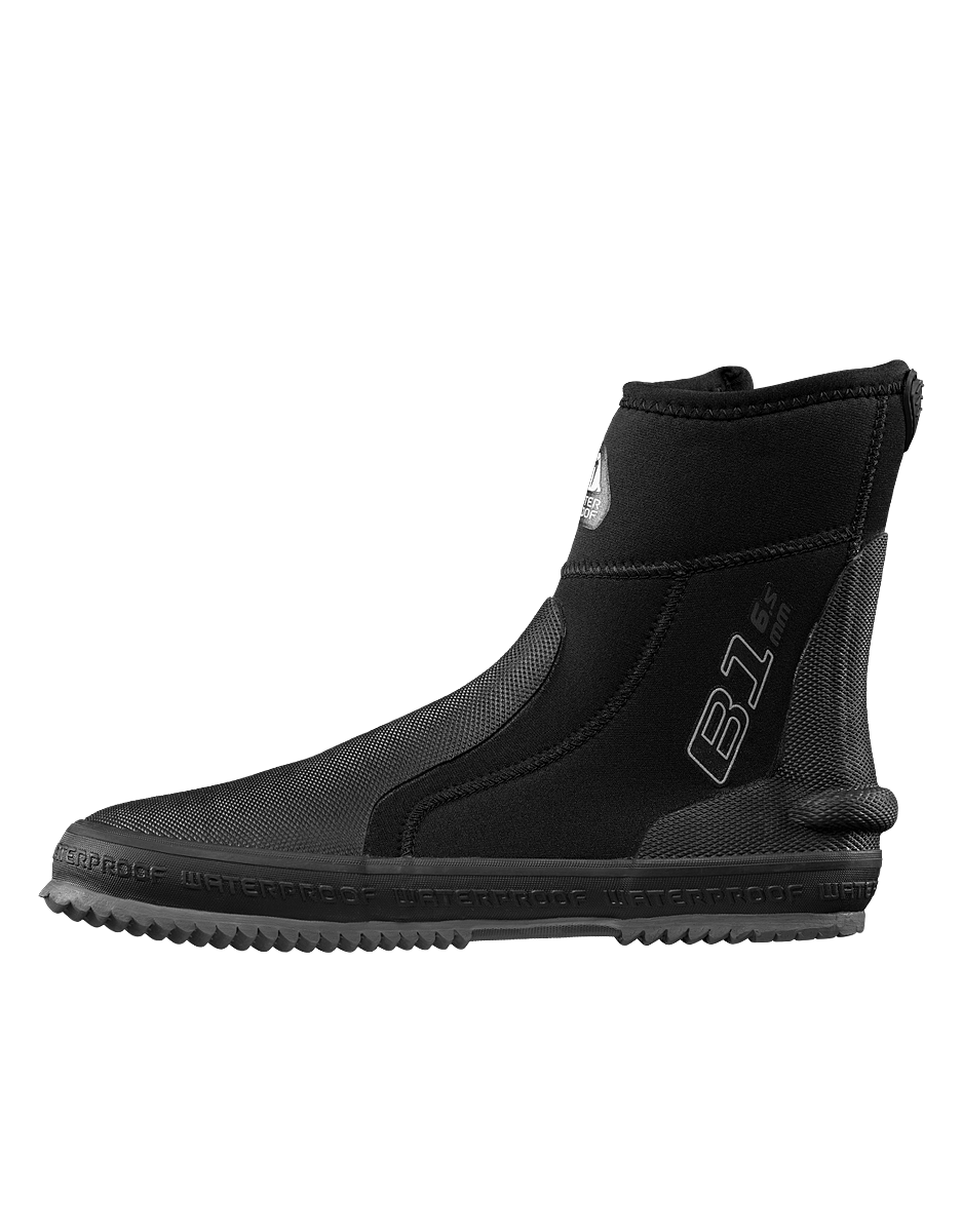 Waterproof B1 6.5mm dive boot with extra long zipper, angled footbed, and reinforced heels for cold water protection