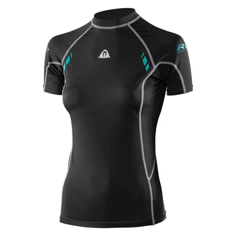 Waterproof R30 short sleeved rash guard for ladies with 50+ UPF, quick-dry lycra spandex material and flatlock stitching