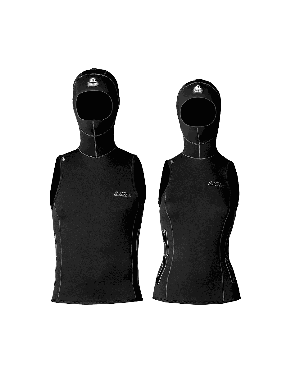 Waterproof U1 Undervest with hood for men made of microcell CR neoprene with H.A.V.S air venting system and anatomical sculpting