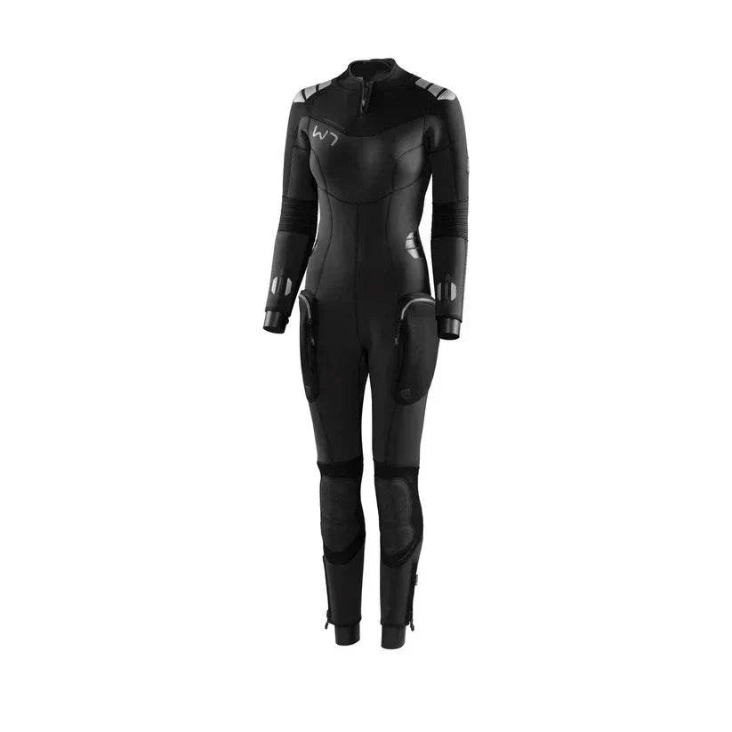 Waterproof W7 5mm women's wetsuit in grey black neoprene with reinforced kneepads and double zipper seals