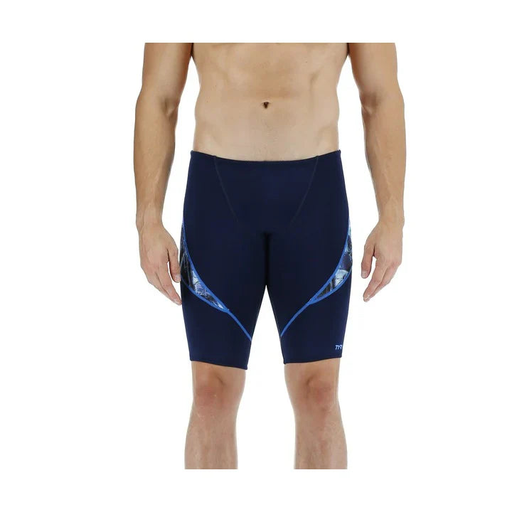TYR Curve SPL men's navy competitive swimming jammer with blue accents and durable Durafast Elite fabric