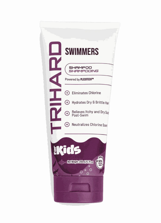Kids swim shampoo by Trihard, removes chlorine and saltwater, hydrates skin and hair, relieves dry scalp.