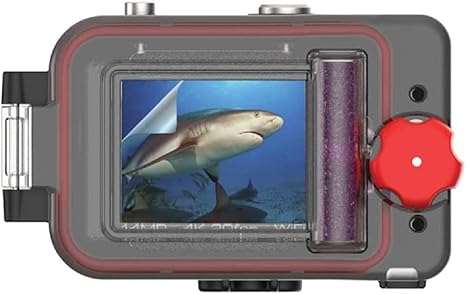 SeaLife ReefMaster underwater camera housing with shark image on LCD screen and red locking knob