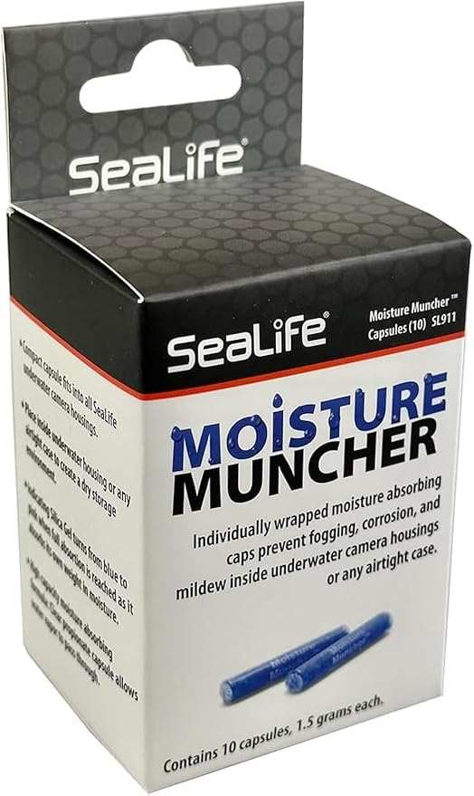 SeaLife Moisture Muncher capsules in blue packaging for moisture absorption and corrosion prevention in underwater camera housings
