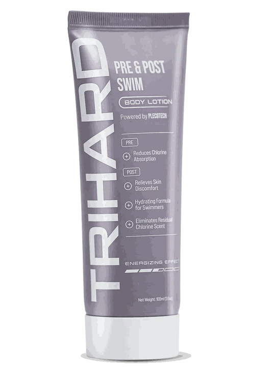 Trihard Pre & Post Swim Body Lotion packaging displaying features such as chlorine absorption reduction and skin hydration.