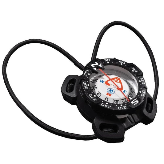 XS-Scuba QuikVu Bungee Mount Compass with large viewing window, luminescent dial, 360° ratcheting bezel, and strong magnets for accurate navigation
