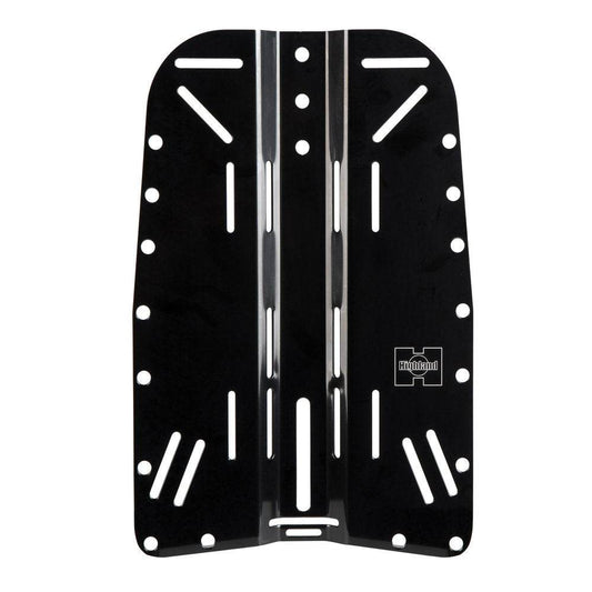 Highland Aluminum Backplate - Black anodized, beveled edges, multiple mounting slots.
