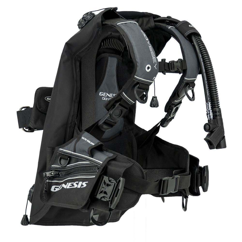 Genesis Odyssey BC lightweight back inflation buoyancy compensator with quick-release weight pockets and expandable zipper storage.