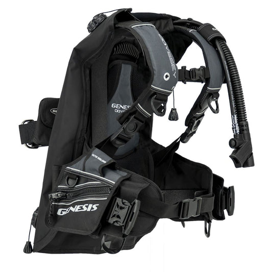 Genesis Odyssey BC lightweight back inflation buoyancy compensator with quick-release weight pockets and expandable zipper storage.