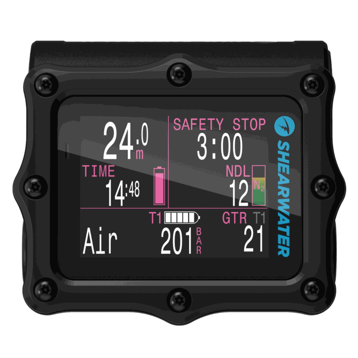 Shearwater Perdix 2 dive computer with bright LCD screen, titanium bezel, vibration alerts, air integration, and user-replaceable battery for technical diving.