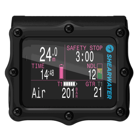 Shearwater Perdix 2 dive computer with bright LCD screen, titanium bezel, vibration alerts, air integration, and user-replaceable battery for technical diving.
