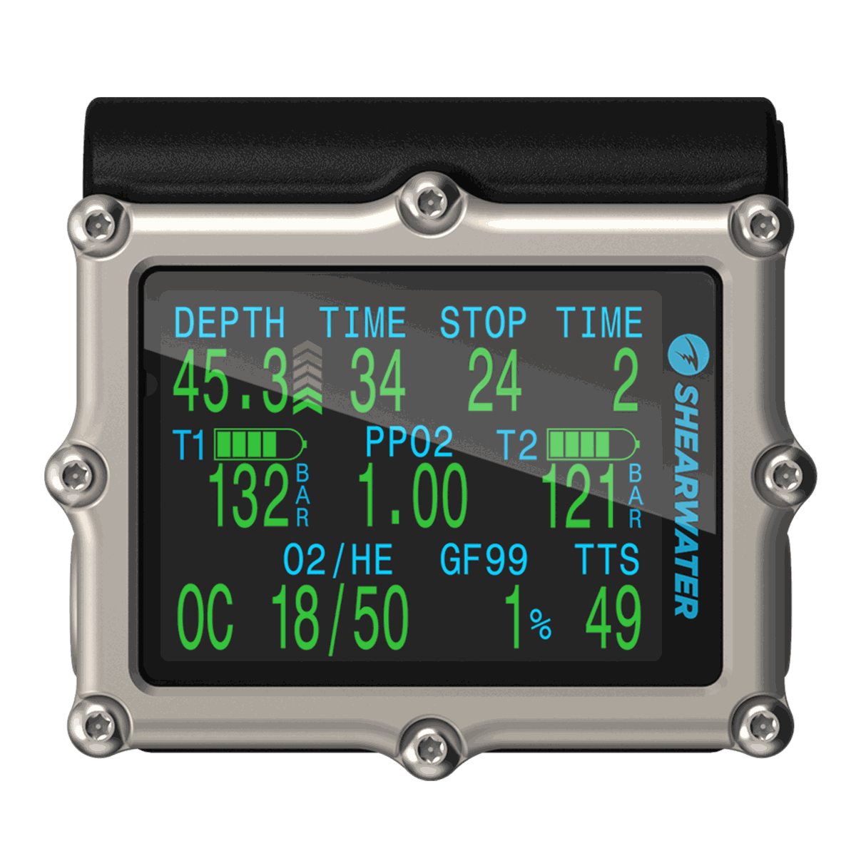 Shearwater Petrel 3 dive computer with 2.6" AMOLED display, titanium bezel, air integration, and vibration alerts for technical diving.