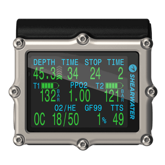 Shearwater Petrel 3 dive computer with 2.6" AMOLED display, titanium bezel, air integration, and vibration alerts for technical diving.