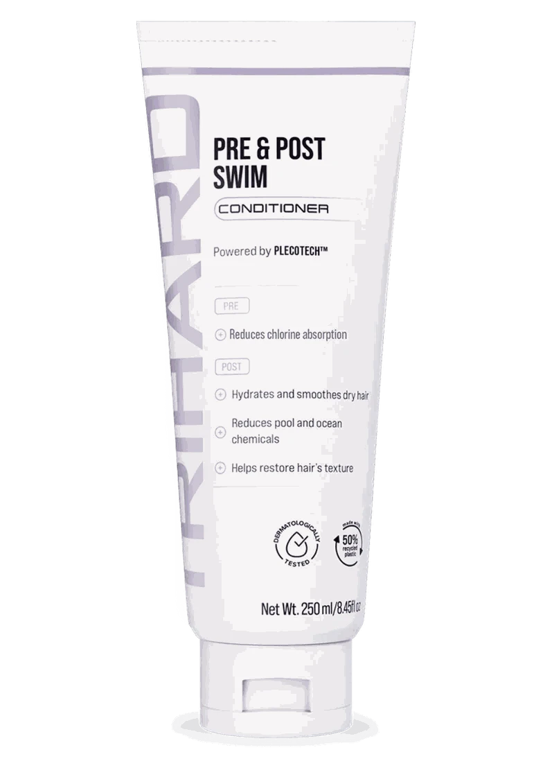 Trihard Pre & Post Swim Conditioner bottle with benefits listed: reduces chlorine absorption, hydrates dry hair, and restores texture.