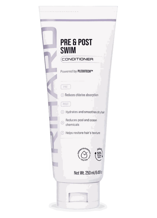 Trihard Pre & Post Swim Conditioner bottle with benefits listed: reduces chlorine absorption, hydrates dry hair, and restores texture.