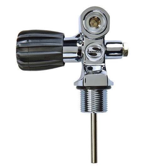 Sherwood Scuba Pro Valve with yoke outlet and spin out adapter for 230 BAR DIN, chrome finish, precision threading, and burst-disk assembly.
