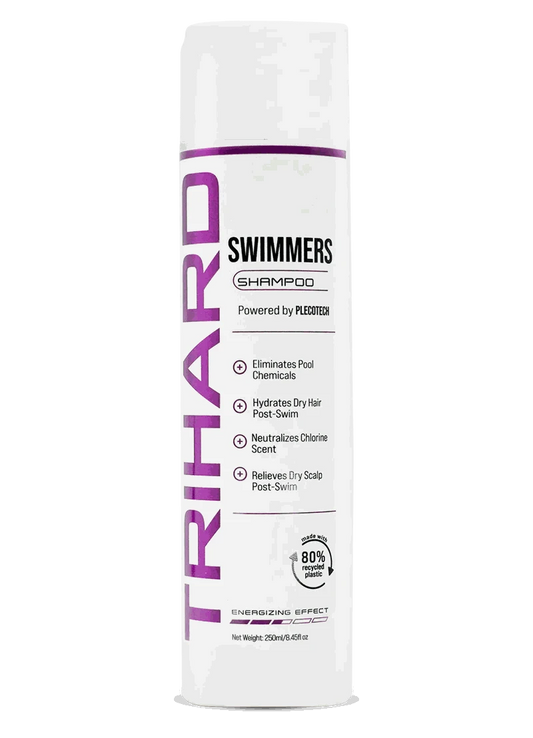 Trihard Swimmers Shampoo bottle designed to eliminate chlorine, hydrate dry hair, neutralize chlorine scent, and relieve dry scalp.