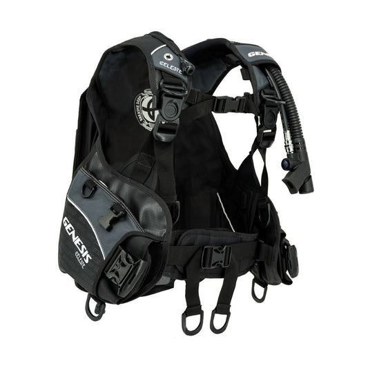 Genesis Celeste Women's BCD with ergonomic shoulder straps, lumbar padding, and integrated weight pockets for female divers