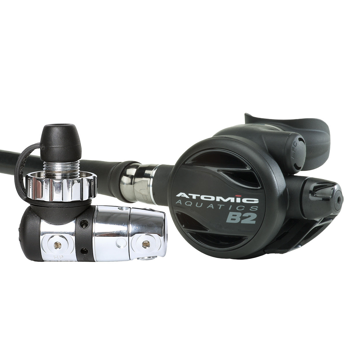 Atomic Aquatics B2 Regulator sealed black with chrome-plated brass first stage and high-performance design