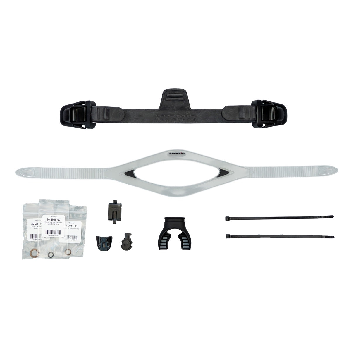 Atomic Aquatics Save-a-Dive Kit with straps, o-rings, mouthpiece, snorkel clip, and zip ties in black case