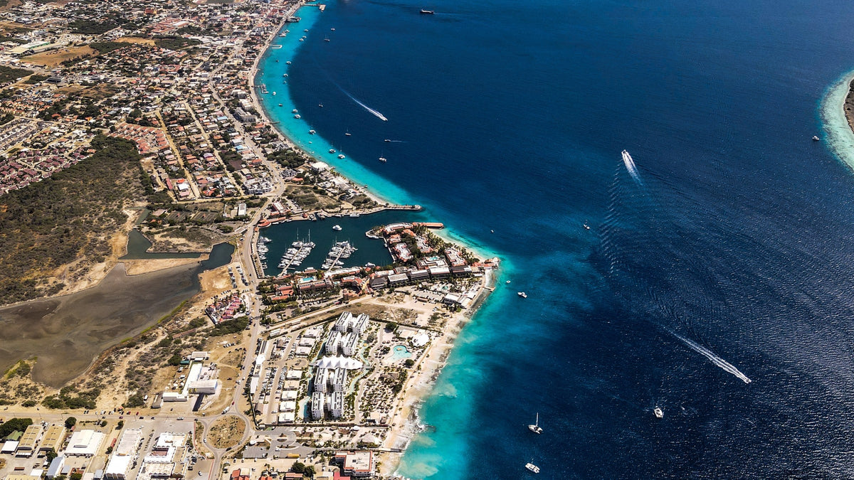 Captain Don's Habitat coastline, Kralendijk, Bonaire (aerial)