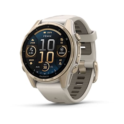 fēnix® 8 – 43 mm, AMOLED — Sapphire, Soft Gold with Fog Gray/Dark Sandstone Silicone Band