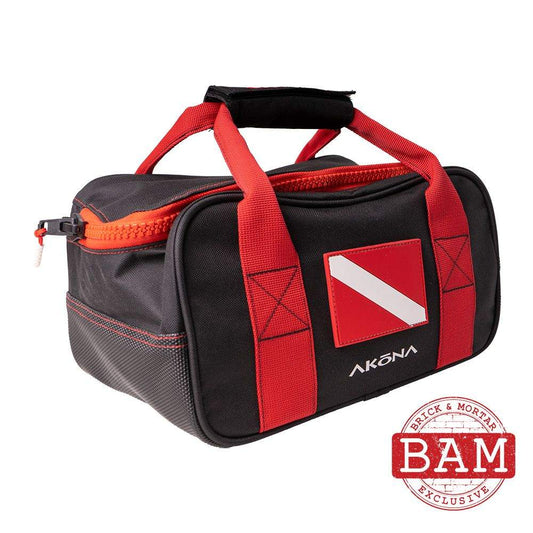 Akona Utility Weight Bag with wrap-around handles, reinforced bottom, and recycled fabric in black and red design.
