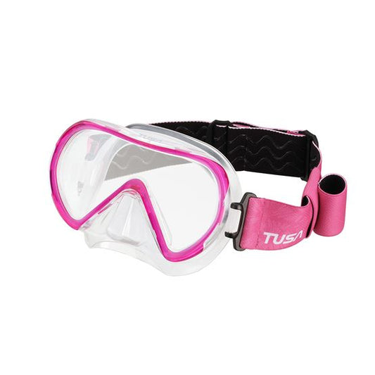 Tusa Ino Mask with pink fabric strap, designed for smaller faces with wide field view, low volume, and anti-slip grip for divers.