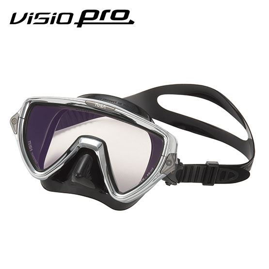 Tusa Visio Pro Mask with CrystalView optical glass, anti-reflective and UV coatings, chrome frame, and black silicone strap for clear underwater vision and comfort
