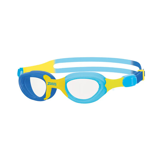 Zoggs LITTLE SUPER SEAL swim goggle with clear lenses and blue-yellow strap.