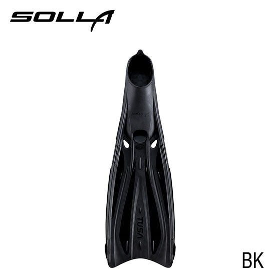 Tusa FF-23 Solla full foot fins with ForcElast technology and angled blade design in black, cobalt blue, and flash yellow colors