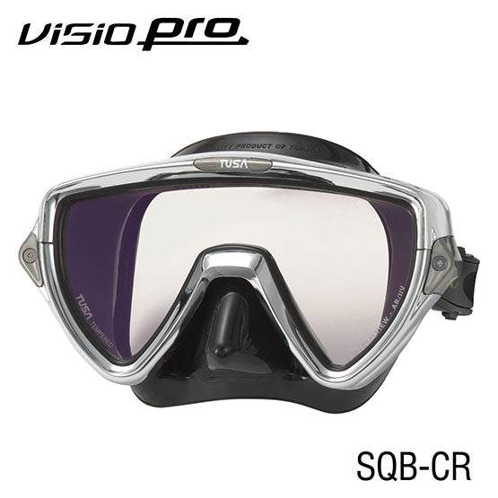 Tusa M-110SQB-CR Visio Pro diving mask with single window, chrome frame, anti-reflective and UV treated lenses.