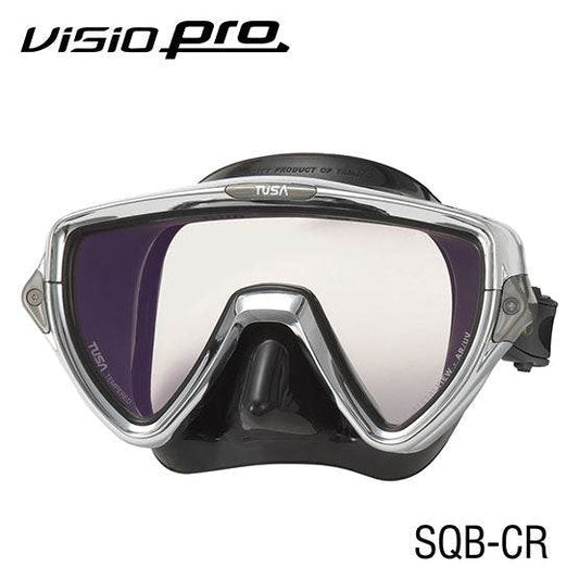 Tusa M-110SQB-CR Visio Pro diving mask with single window, chrome frame, anti-reflective and UV treated lenses.
