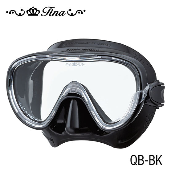 Tusa M1002 Tina Mask black silicone low profile snorkeling mask with crystal accent and accessory dock