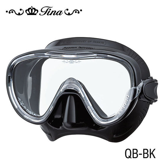 Tusa M1002 Tina Mask black silicone low profile snorkeling mask with crystal accent and accessory dock