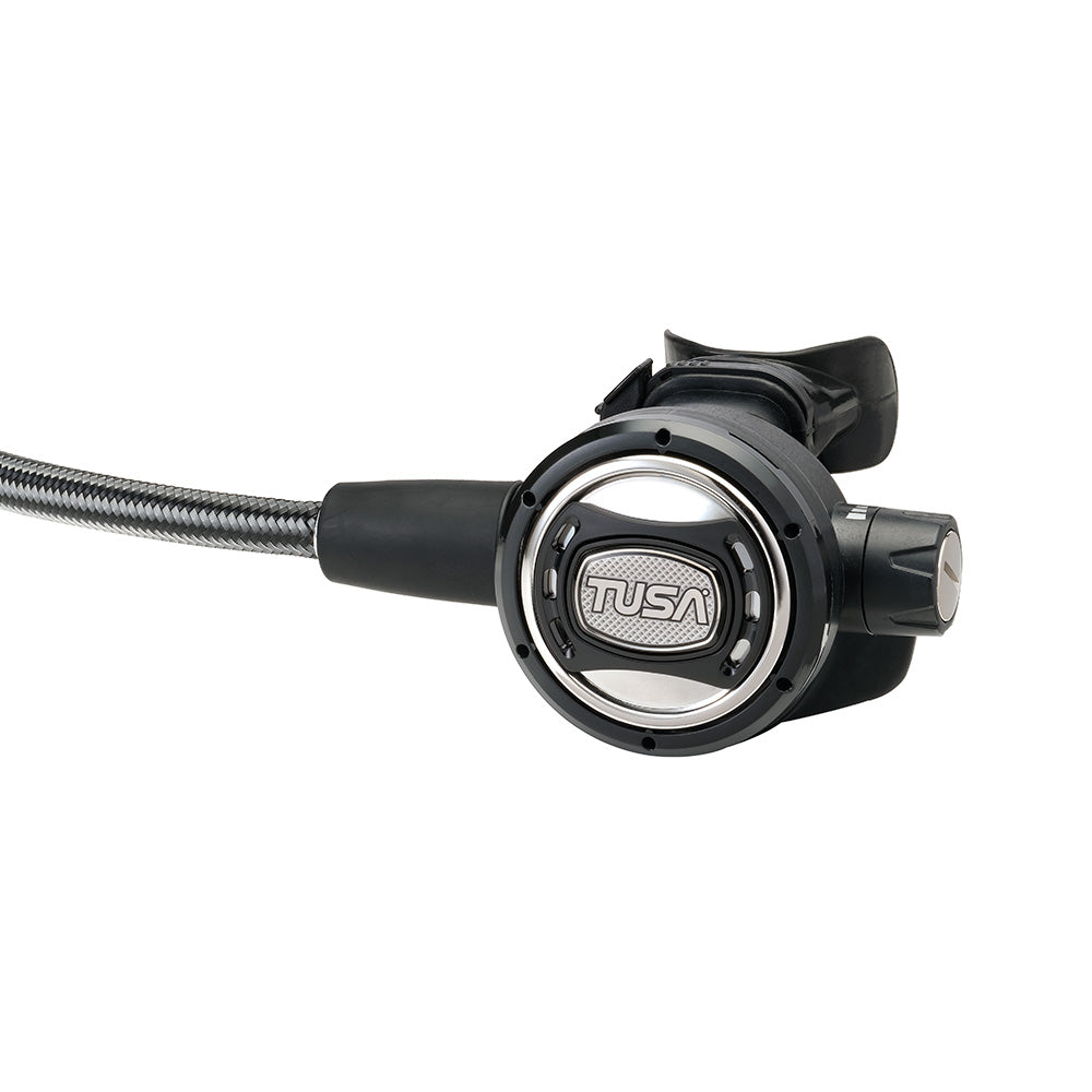 Tusa RS609 Regulator with stainless steel 2nd stage and flexible white Miflex hose for easy breathing and reduced jaw fatigue