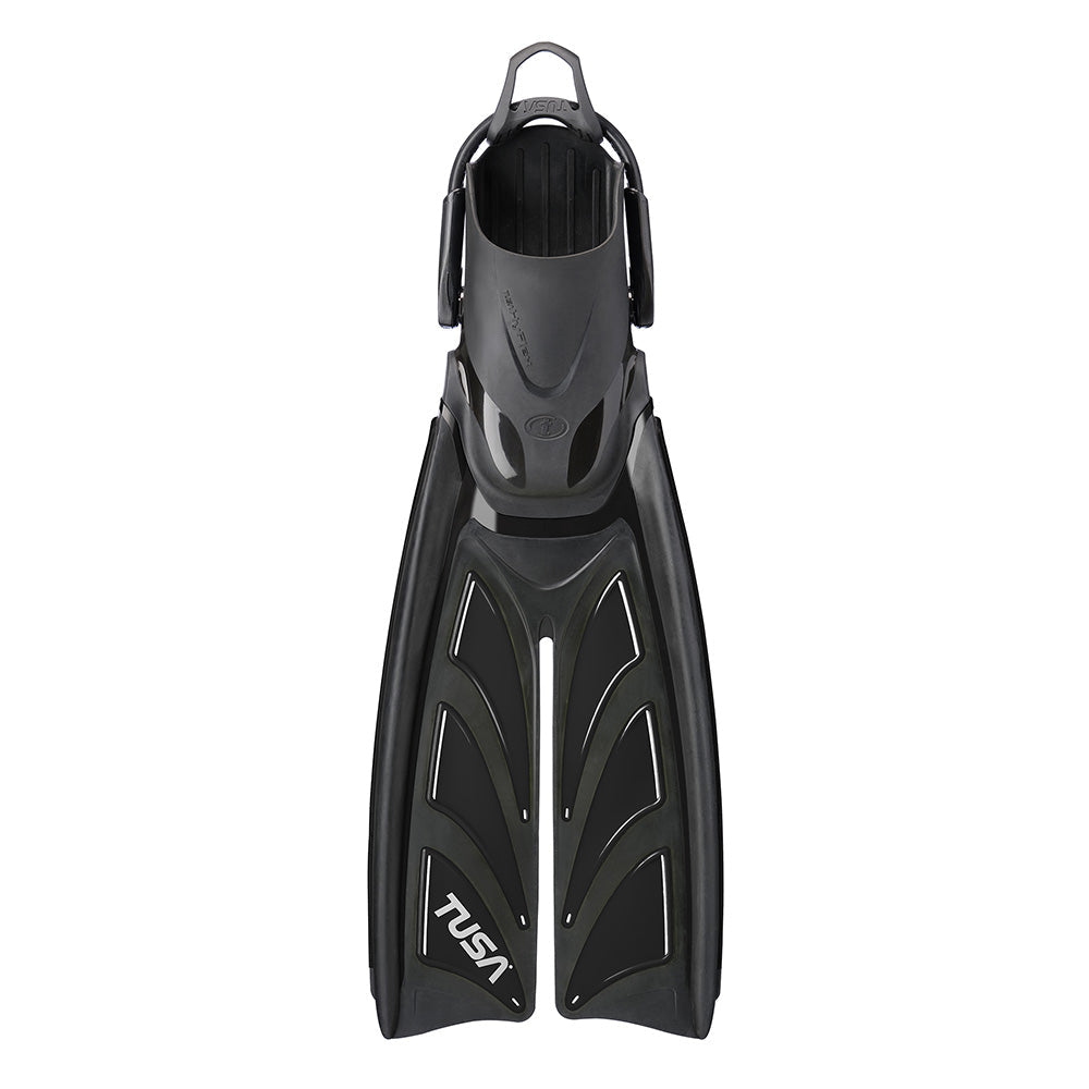 Tusa SF0111 HyFlex Zoom split fins with six-gill design and adjustable bungee strap for low resistance and high performance